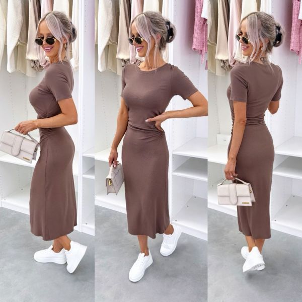 Brown Ruched-front Stretchy Casual Dress