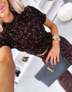 Brązowy Krótki Top Z Miękkimi Cekinami