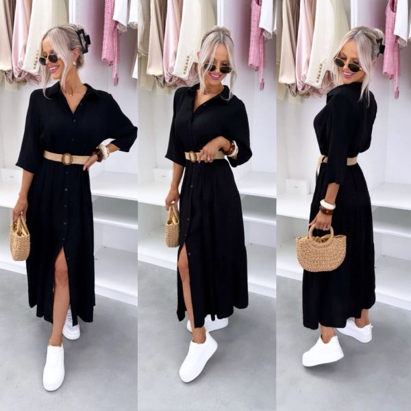 Black Longer Dress With Braided Belt