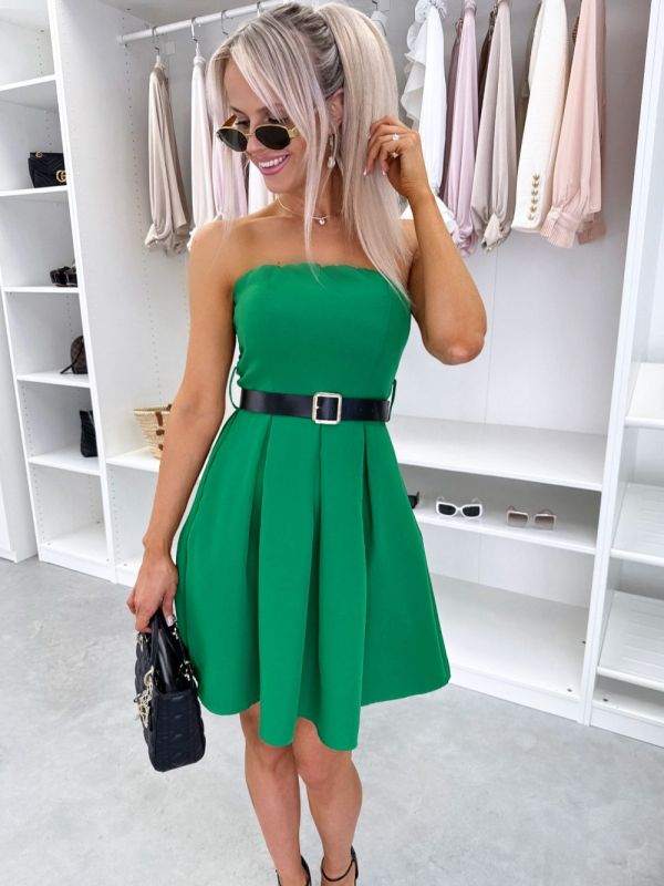 Green Belted Flared Dress With Pockets