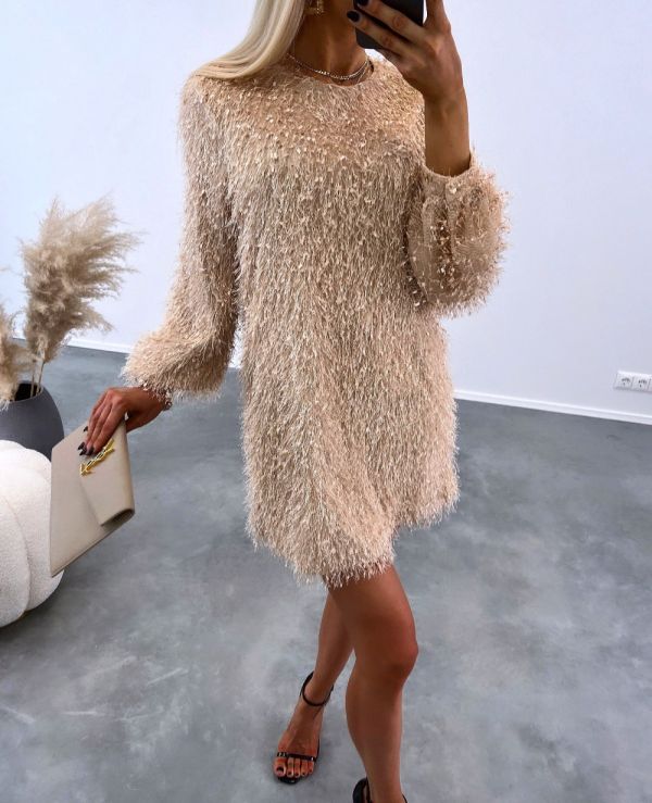 Beige Long-sleeve Flowy Dress