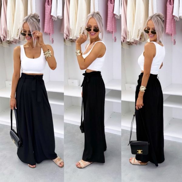 Black Flowing Tie-waist Trousers