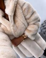 Beige Hooded Faux Fur Coat