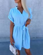 Blue Casual Dress With Pockets And Belt