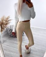 Beige Leather Stretch Pants With Golden Buttons