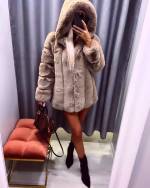 Beige Luxury Hooded Fur Coat
