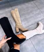 Camel Block-heeled Velvet Boots