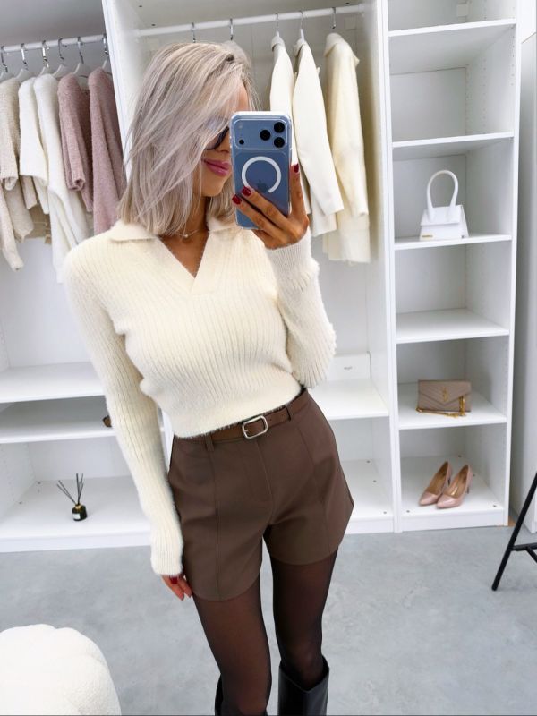 Beige Soft Stretch V-neck Cropped Sweater
