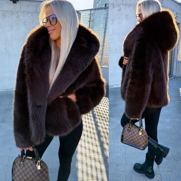 Brown Luxurious Faux Fur Coat With Hood