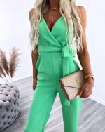 Yellow Long Tie Jumpsuit With Pockets