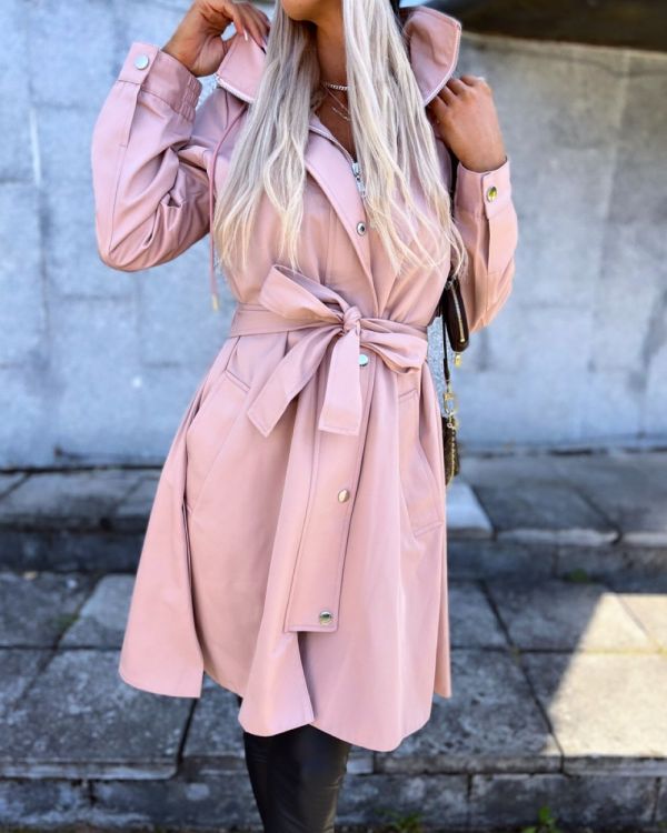 Pink Tie-waist Hooded Spring/autumn Coat