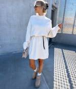 Light Beige Soft Knit Dress With Thin Leather Belt