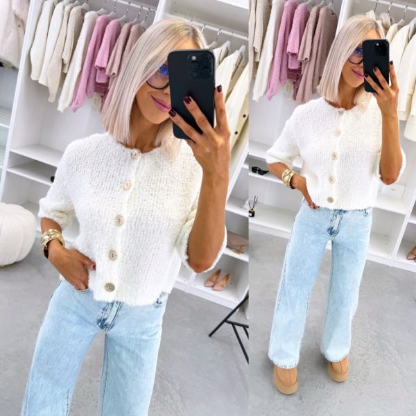 White Soft Cardigan With Gold-tone Buttons