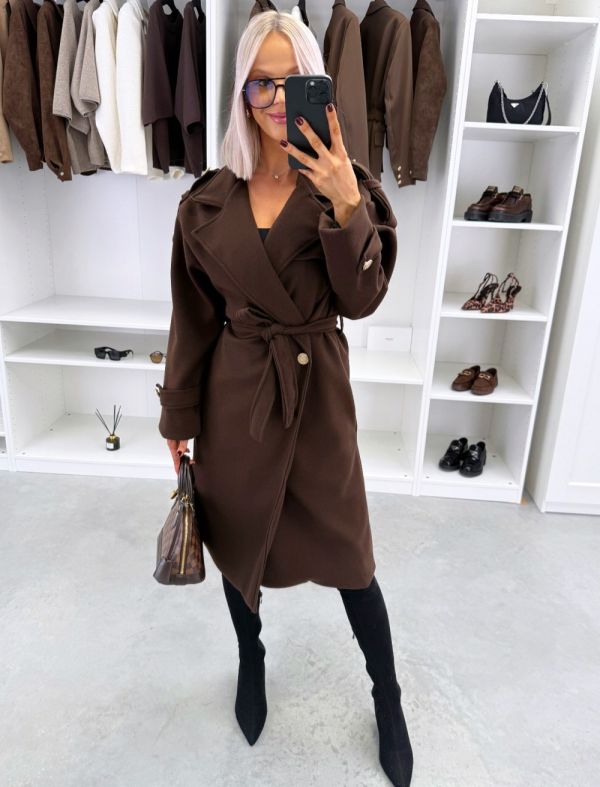 Brown Tie-front Coat With Pockets