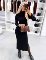 Коричневый Платье-свитер с высоким воротом и разрезом сбоку