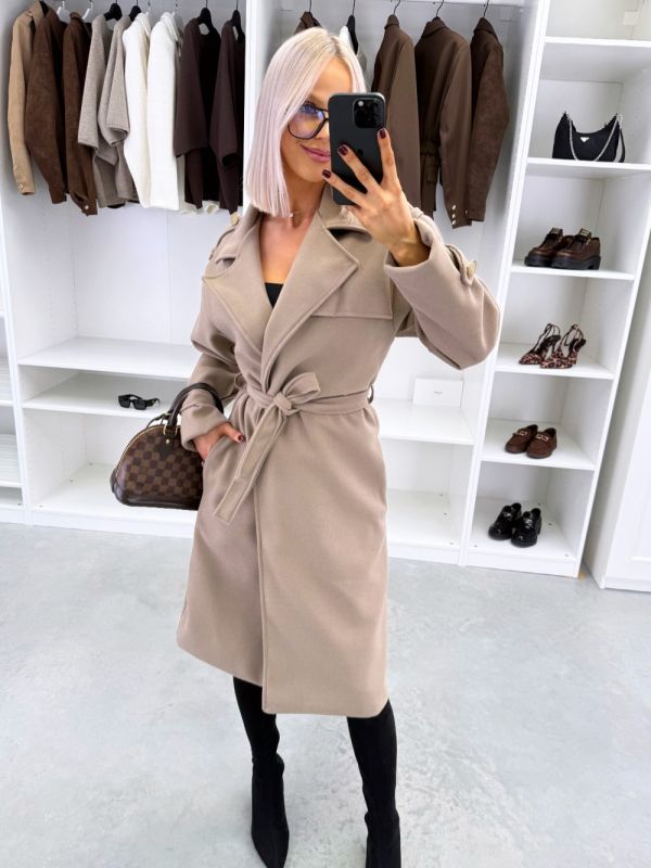 Taupe Tie-front Coat With Pockets