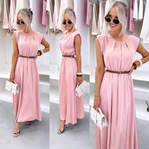 Pink Silky Belted Midi Dress