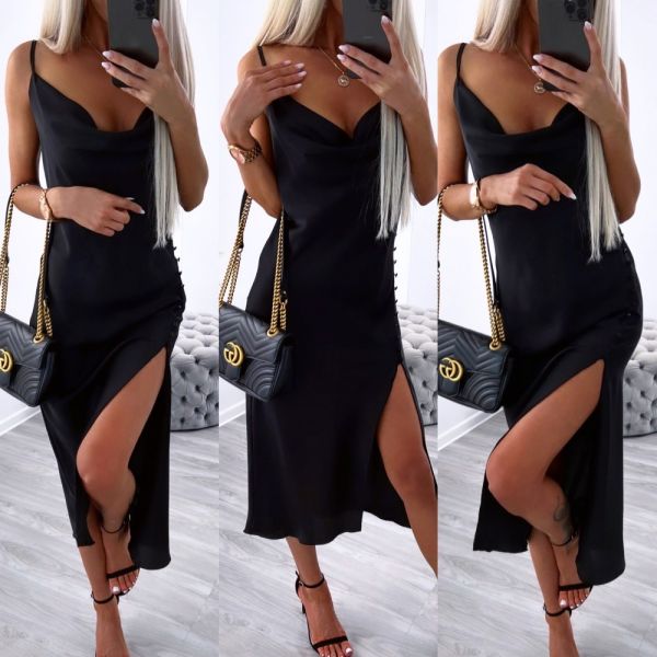 Black Buttoned Side-slit Silky Dress