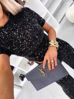 Brązowy Krótki Top Z Miękkimi Cekinami