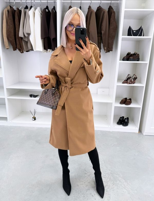 Camel Tie-front Coat With Pockets