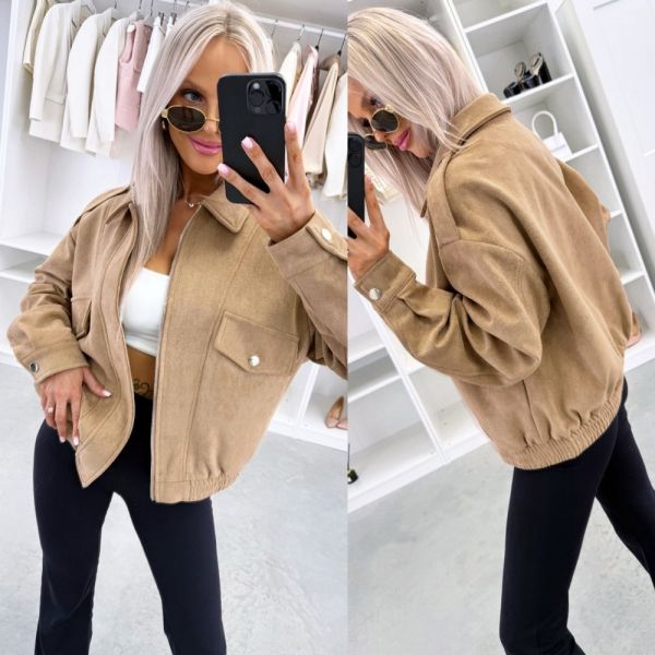 Camel Oversized Suede Zip-up Jacket