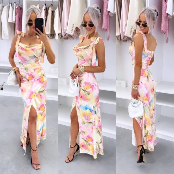 Yellow Floral Midi Dress In Stretch Fabric