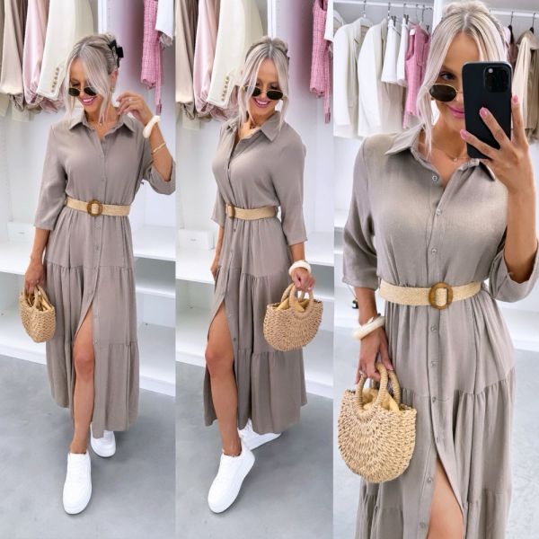 Taupe Longer Dress With Braided Belt