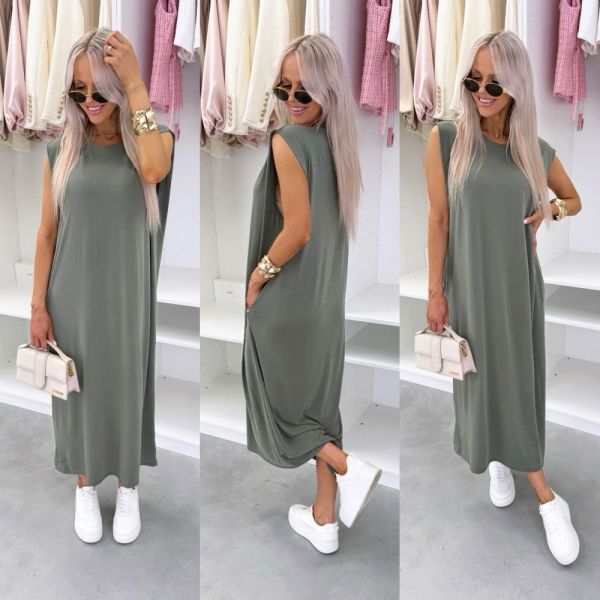 Khaki Shirt Dress With Pockets In Stretch Fabric