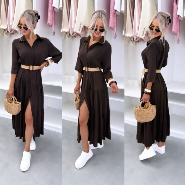 Brown Longer Dress With Braided Belt