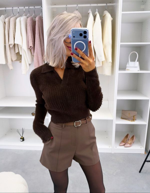 Brown Soft Stretch V-neck Cropped Sweater