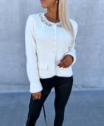 Light Beige Soft Sweater With Pearls And Rhinestones