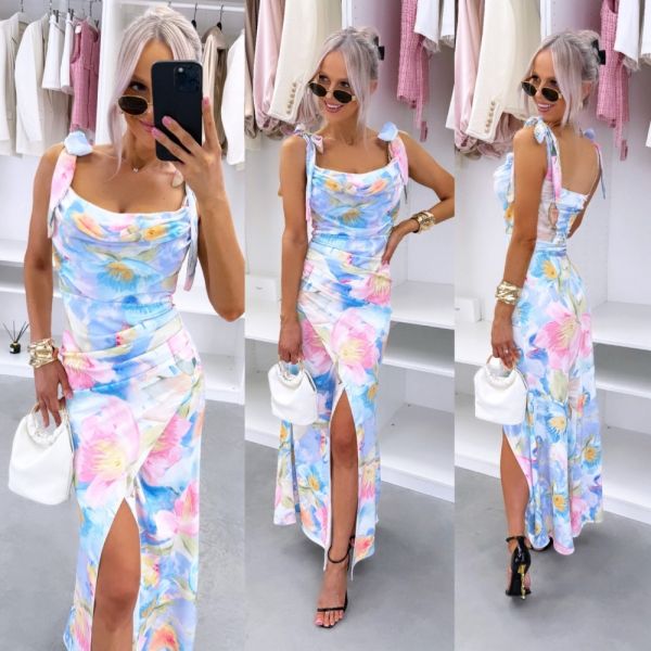 Blue Floral Midi Dress In Stretch Fabric