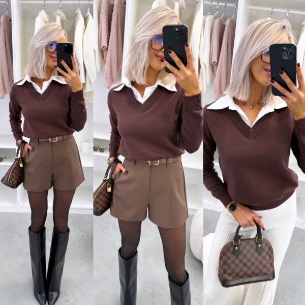 Brown White Collared Sweater