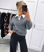 Grey Comfortable Sweater With White Collar