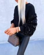 White Sweater With Sequins And Feathers