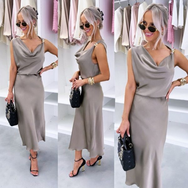 Taupe Silky Dress With A Belt