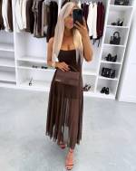 Brūns Elastīga Midi Kleita Ar Oderi