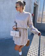 Light Beige Soft Knit Dress With Thin Leather Belt