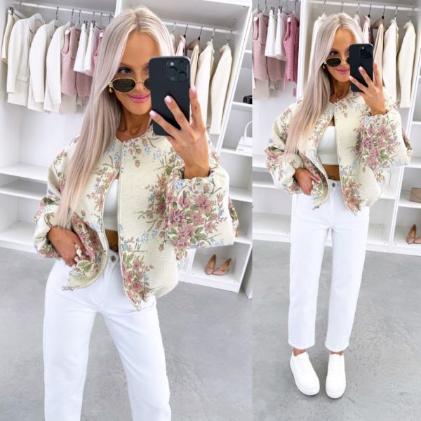 Beige Floral Zip-up Jacket