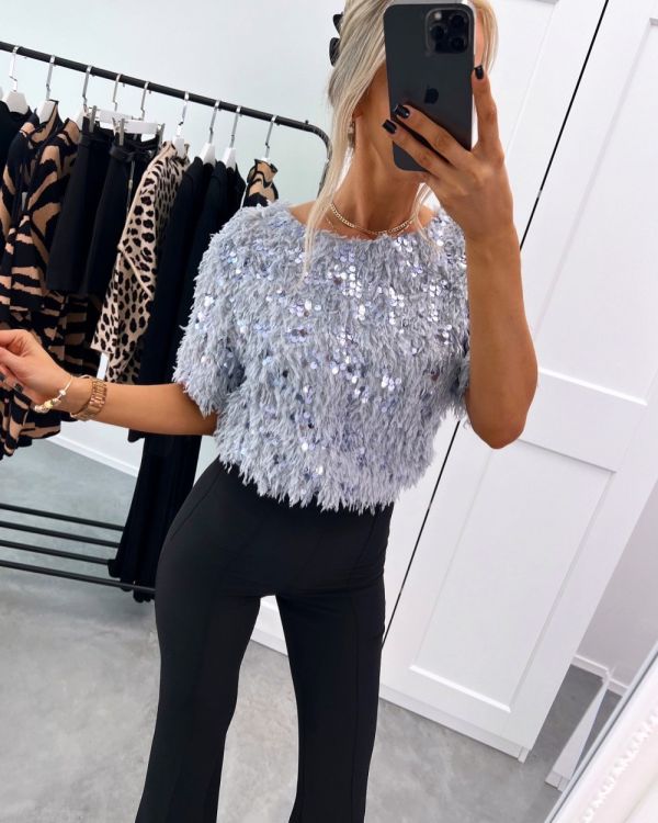 Grey Soft Blouse With Sequins And Feathers