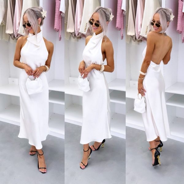 Light Beige Silky Halterneck Dress