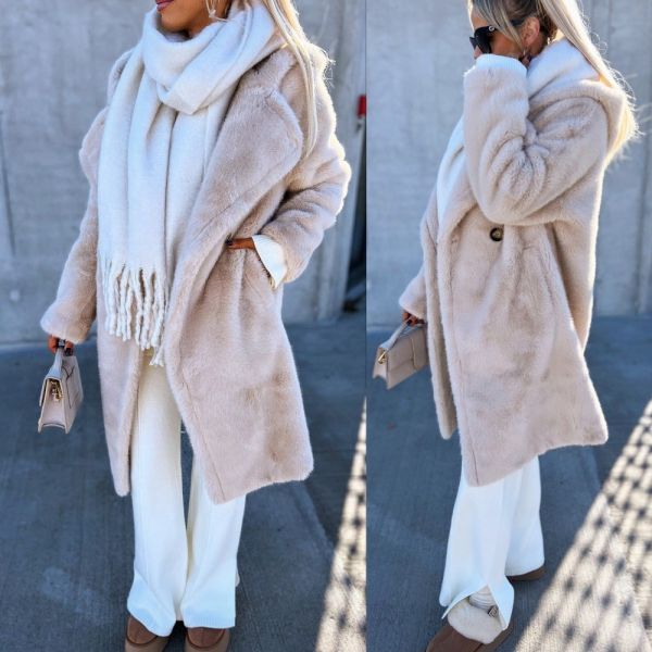 Light Beige Pehme Kapuutsiga Oversized Talvemantel