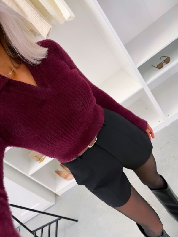 Dark Red Soft Stretch V-neck Cropped Sweater