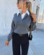 Grey Comfortable Sweater With White Collar