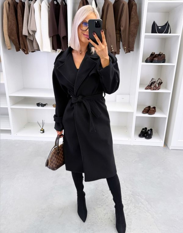 Black Tie-front Coat With Pockets