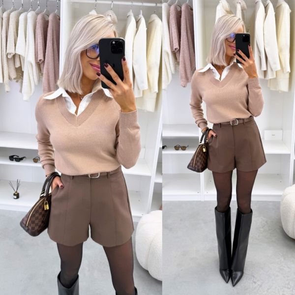 Camel White Collared Sweater