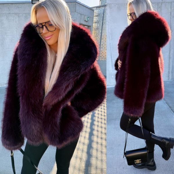 Dark Red Luxurious Faux Fur Coat With Hood