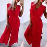 Red Long Lace Pleated Jumpsuit