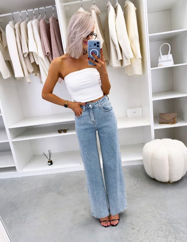 Blue Stretch Jeans With Rhinestones