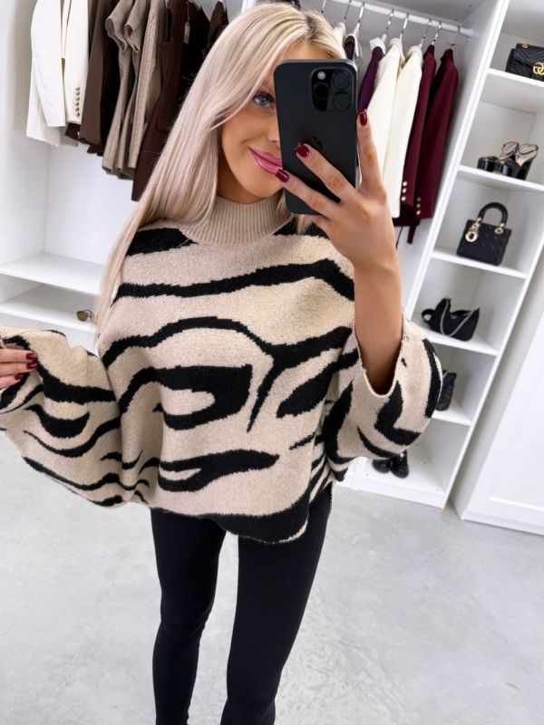 Beige Knit Sweater With A Longer Back Hem